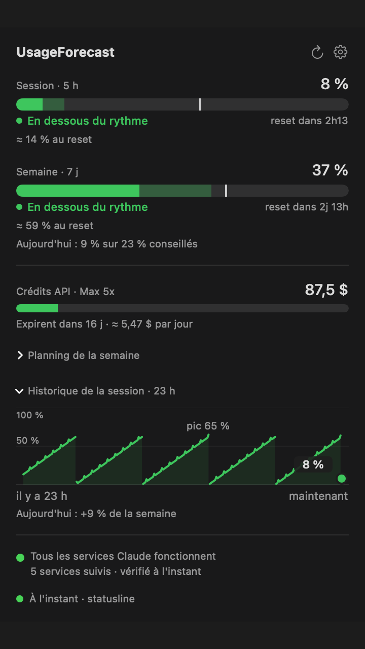 Fenêtre UsageForecast : session à 8 %, semaine à 37 %, crédits API et historique 24 h